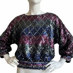 Vintage Sequin Blouse Women L 80s Top Silver Rainbow Stripe Bat Wing Sweater